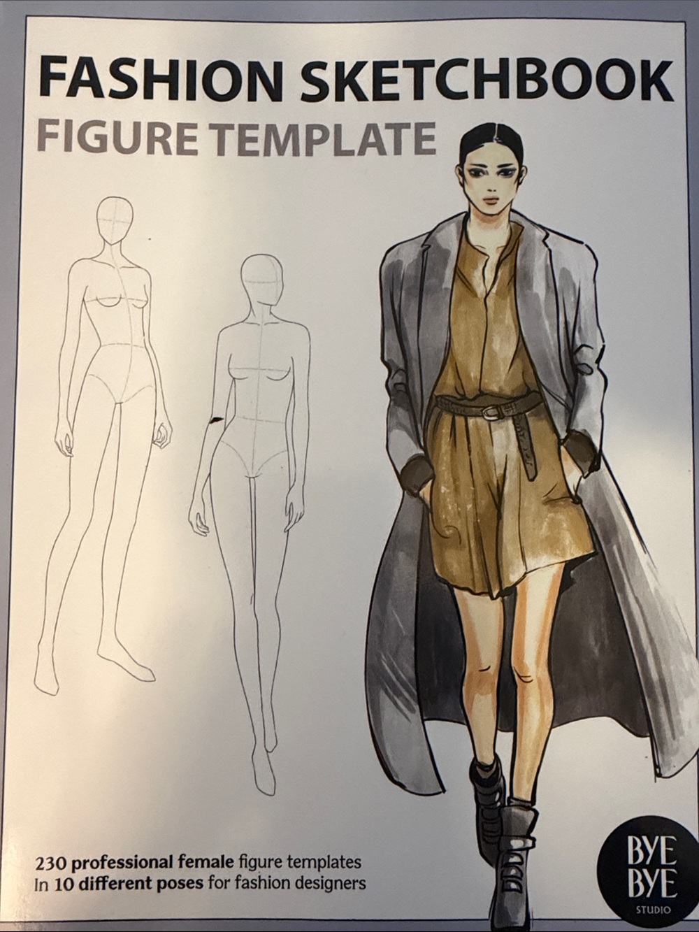 Fashion DESIGNER Sketchbook Figure Template - Gray Coat & Tan Dress Illustration